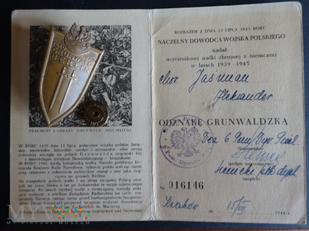 Legitymacja nadanie +odznaka OG lipiec 1946 r.