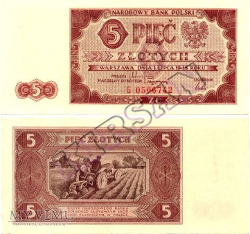 Duże zdjęcie Polski banknot 5 zloty 1948 r