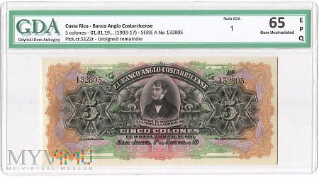 Kostaryka 5 colones 01.01.19 - (1903-1917)