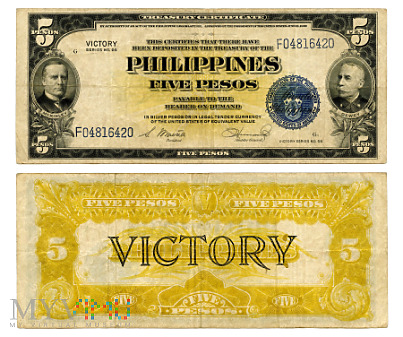 Duże zdjęcie 5 Pesos 1944 (F04816420) seria nr 66 'VICTORY'
