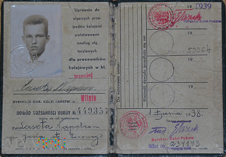 Legitymacja PKP z DOKP Wilno - 1938 r.