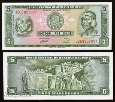 Duże zdjęcie Peru - P 99c - 5 Soles De Oro - 1974