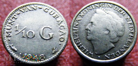 Duże zdjęcie 1/10 Gulden - Wilhelmina 1948 Curaçao Srebro Ag