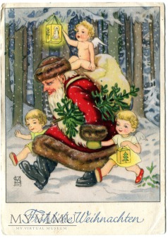 Święty Mikołaj Aniołki z prezentami pocztówka