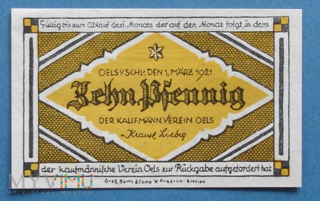 10 Pfennig 1921 r - Oels - Oleśnica Dolny Slask