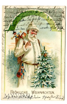 Duże zdjęcie c. 1900 Święty Mikołaj w białym stroju pocztówka