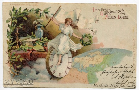 Nowy Rok 1900 pocztówka pod światło mapa świata