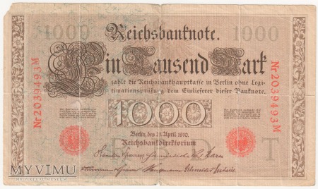 Reichsbanknoten 1876 - 1914 ; 1000 Mark 1910 rok