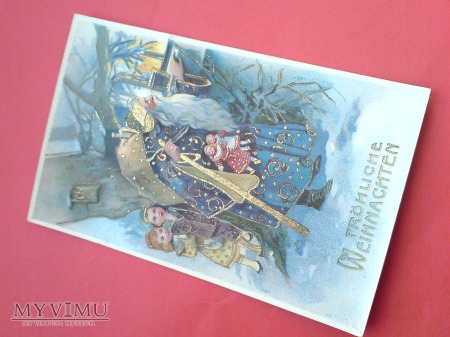 Święty Mikołaj w niebieskim stroju pocztówka