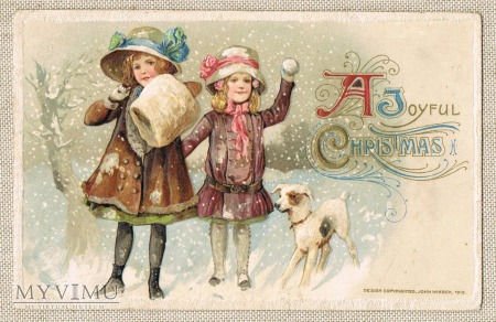 Duże zdjęcie 1912 r. Wesołych Świąt dwie dziewczynki i piesek