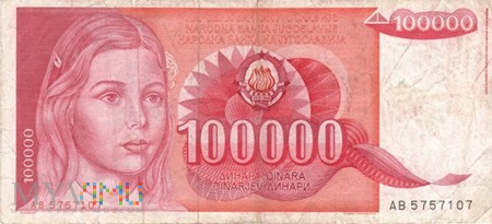 JUGOSŁAWIA 100000 DINARA 1989