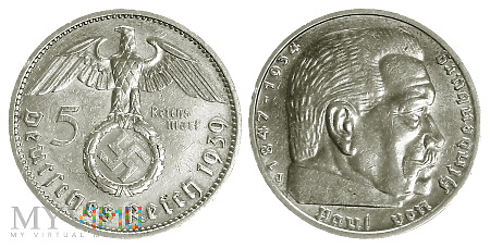 Duże zdjęcie 5 reichsmark, 1939 (J), moneta obiegowa